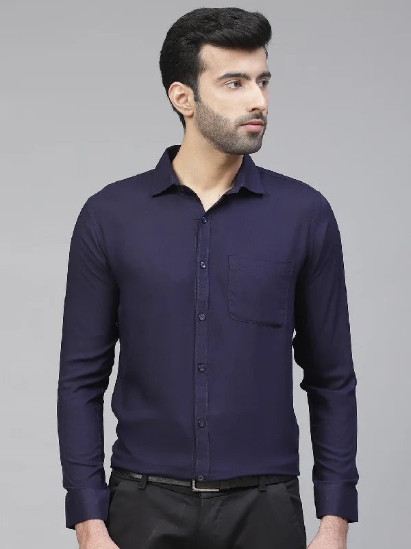 Men Navy Blue Twill Weave Smart Slim Fit Solid Formal Wrinkle Free Shirt