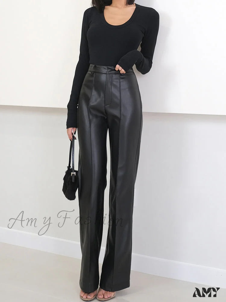 Amy Fashion - Long Black Soft Pu Leather Pants