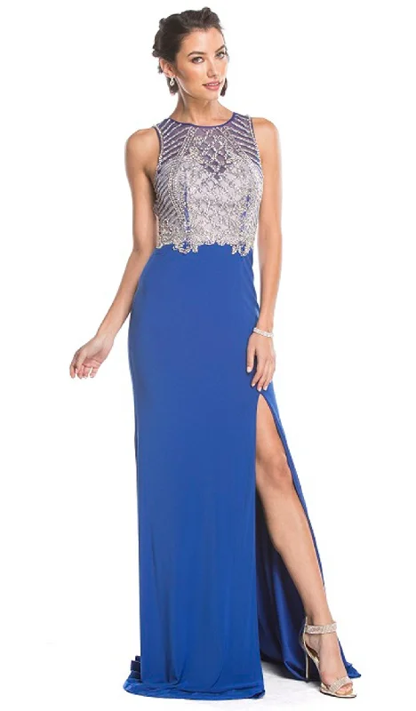 Trevi Collection - Embellished Jewel Neckline Sheath Evening Dress