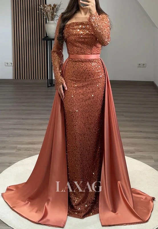 Fully Sequined Beaded Pleated Mermaid Prom Dress Square-Neck Long Sleeves Formal Gowns with Satin Overskirt