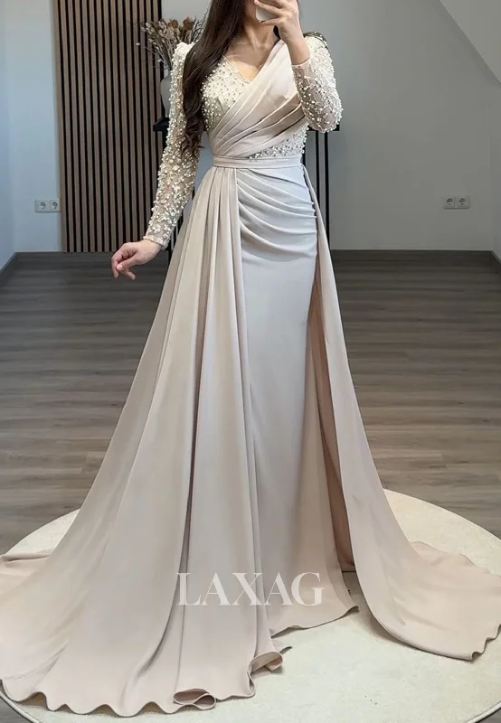 V-Neck Long Sleeves Mermaid Prom Dress Beaded Pleated Chiffon Formal Fowns with Overskirt