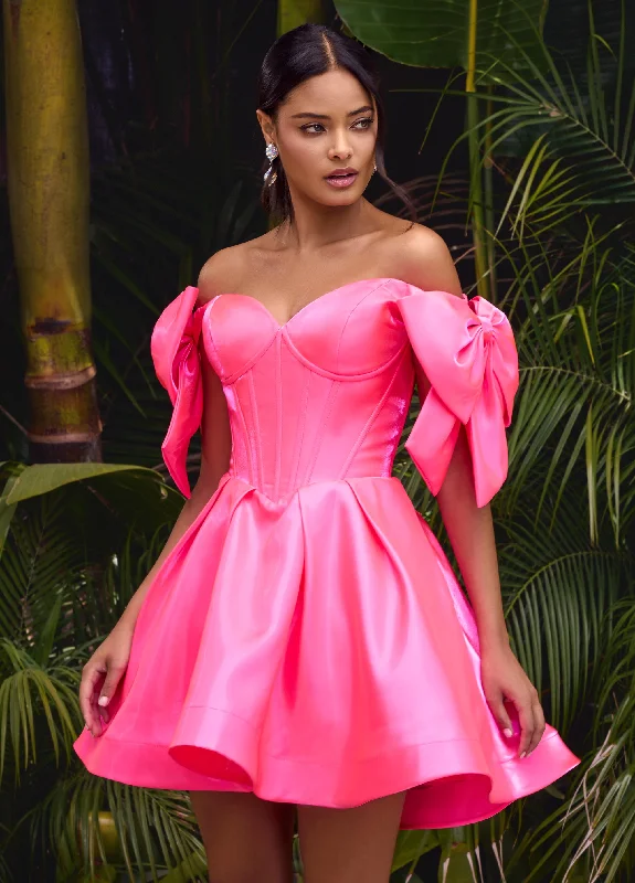 Ashley Lauren 4788 Size 0,2,8 Hot Pink Corset Bodice Cocktail Dress Off the Shoulder Bow Straps A line Short Skirt
