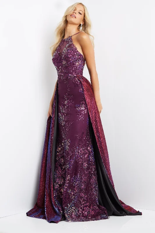 Jovani JVN07379 Purple Prom Dress Size 12 Long fitted Pageant Gown Overskirt Shimmer Sequin Lace Gown