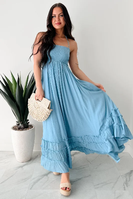 Taking The Scenic Route Halter Smocked Maxi Dress (Blue)